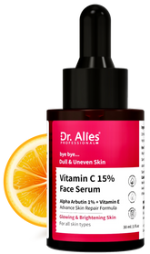 Dr. Alies 15% Vitamin C Face Serum With Vitamin E & Ferulic Acid For Glowing Skin | Advanced Skin Repair Formula With Power of 1% Alpha Arbutin for Brightening Skin & Dark Spots | 30ml Pack