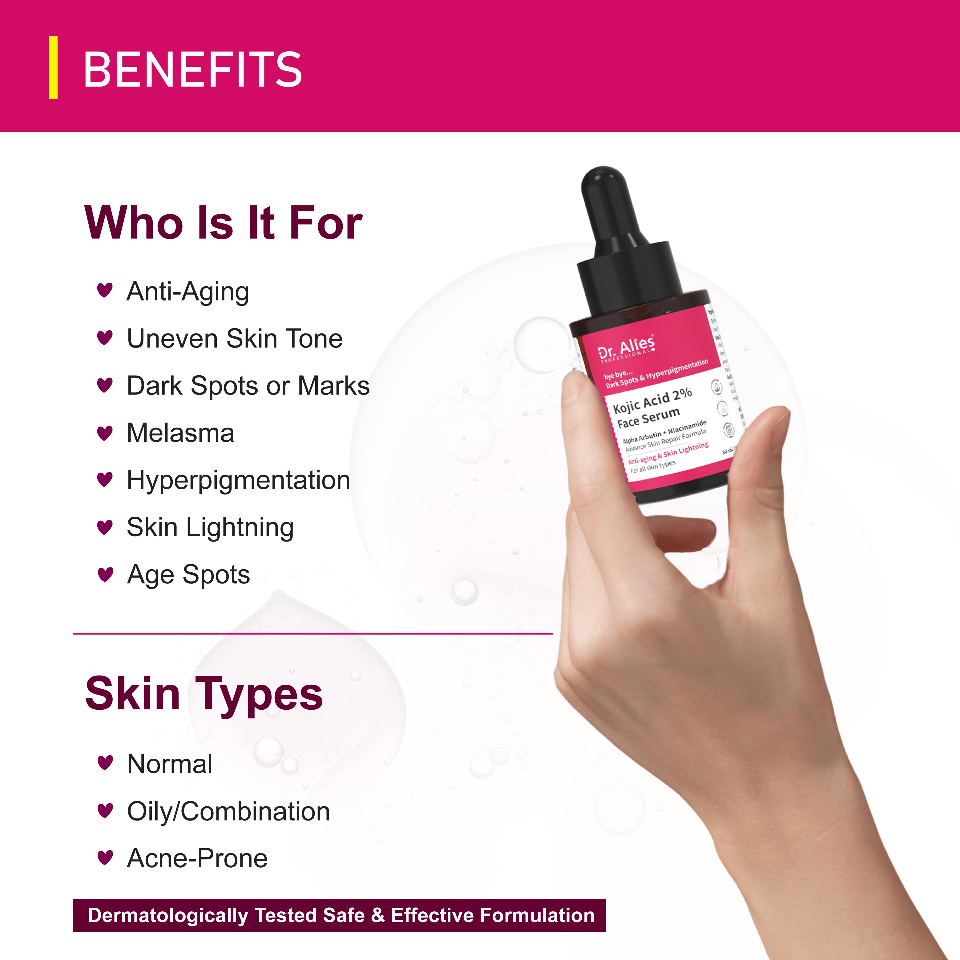 Dr. Alies Professional 2% Kojic Acid Face Serum With 1% Alpha Arbutin & Niacinamide for Uneven skin, Tanning, Dark Spots & Pigmentation (30 ml) Unisex