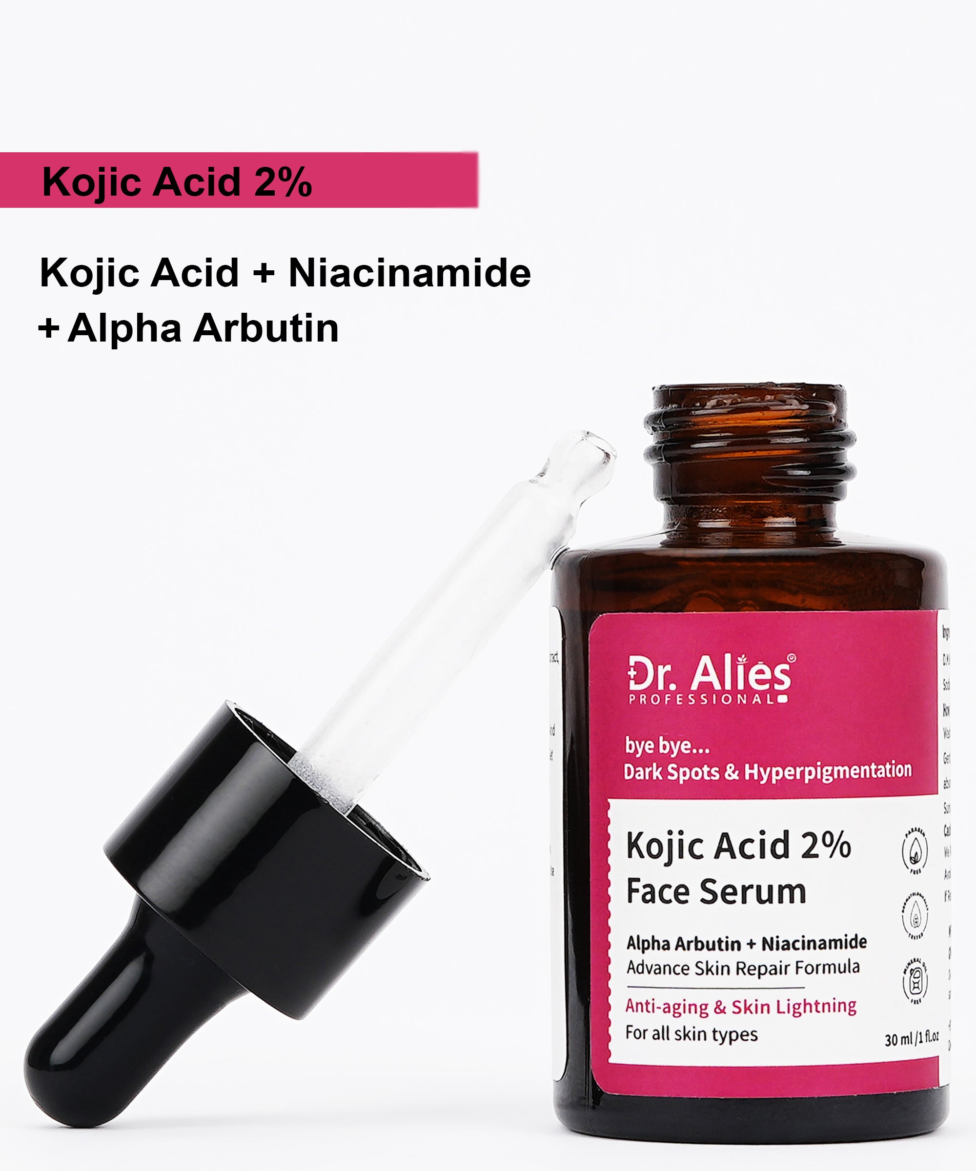 Dr. Alies Professional 2% Kojic Acid Face Serum With 1% Alpha Arbutin & Niacinamide for Uneven skin, Tanning, Dark Spots & Pigmentation (30 ml) Unisex